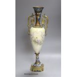 A French or Bohemian ormolu-mounted champlevé-enamel and porcelain vase, indistinctly signed by