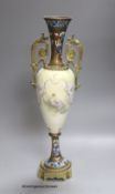 A French or Bohemian ormolu-mounted champlevé-enamel and porcelain vase, indistinctly signed by
