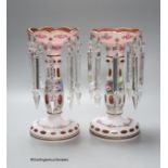 A pair of 19th century Bohemian overlay glass lustres decorated with flowers, height 25cm