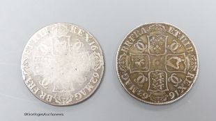 Two Charles II Crowns 1662, the first rose below bust, edge undated, S.3550 and legend rearranged