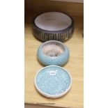 Two studio turquoise glazed pottery bowls and a larger stoneware bowl, diameter 29.5cm