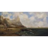 Late 19th century English School, oil on panel, Figures in a coastal landscape, 22 x 43cm