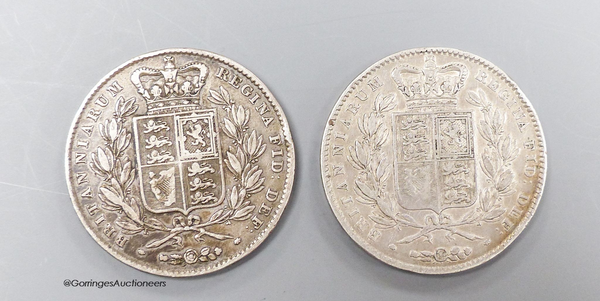 Two Victoria crowns, 1844 star stops, near F and 1845 cinquefoil stops, F