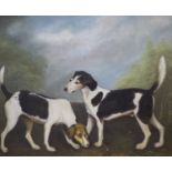 English School, oil on board, Study of two hounds in a landscape, 48 x 58cm
