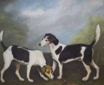 English School, oil on board, Study of two hounds in a landscape, 48 x 58cm