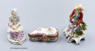 Two Chelsea style porcelain figures, tallest 13cm, and a Meissen style porcelain box