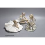 A Lladro figure of a ballerina and a child playing with dogs, height 21cm, and a Nao ballerina