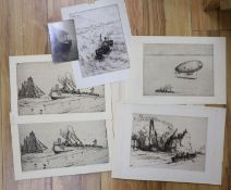 Nelson Dawson (1859-1941), a group of 12 unframed etchings, shipping at sea and coastal scenes;'HMS