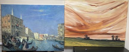 A modern oil on canvas, View along the Grand Canal, 92 x 123cm and a Sunset landscape, signed F.