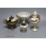 A Sevres style ormolu-mounted bowl and cover, a similar lidded vase and a scent bottle, tallest