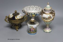 A Sevres style ormolu-mounted bowl and cover, a similar lidded vase and a scent bottle, tallest
