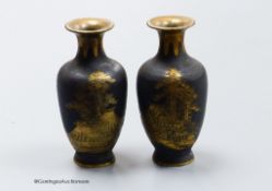 A pair of Japanese Komai style damascened iron miniature vases, height 6cm