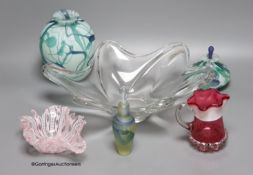 A Daum clear free form bowl, two signed art glass pieces and three other items of glass