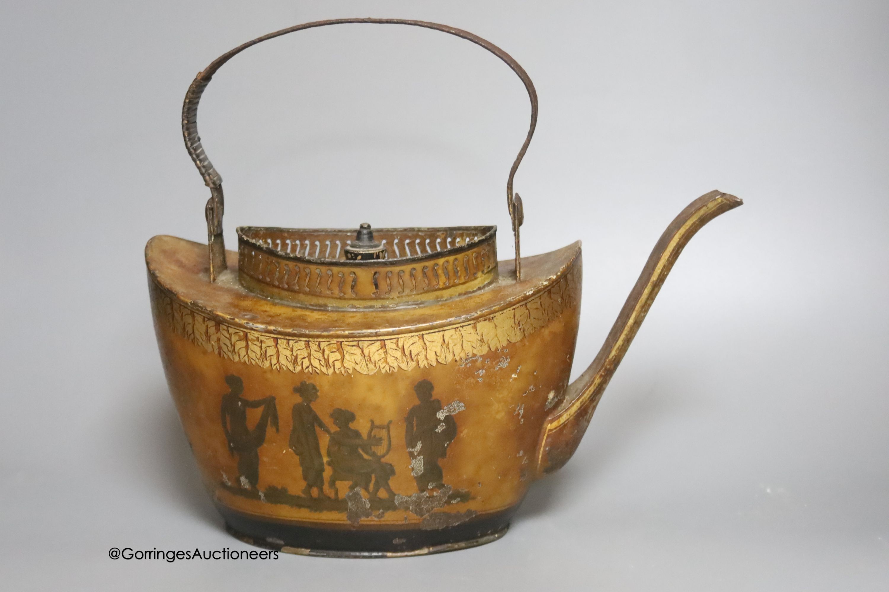 A 19th century Pontypool toleware tea kettle, length 31cm - Image 2 of 3