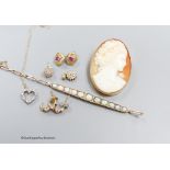 A gold and white opal bracelet (a.f), a cameo brooch and sundry gem set earrings and pendants