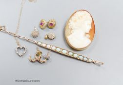 A gold and white opal bracelet (a.f), a cameo brooch and sundry gem set earrings and pendants