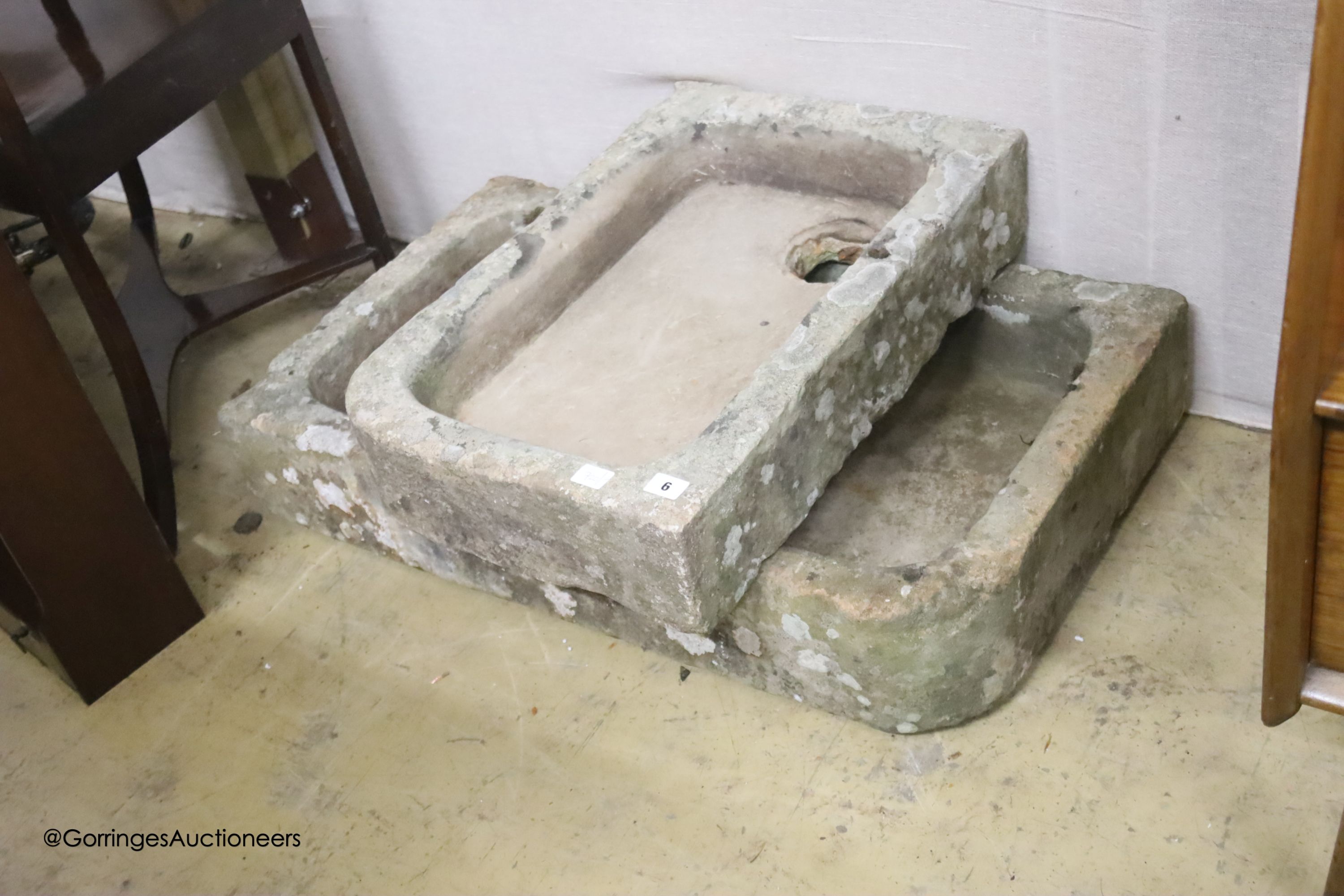 A pair of 19th century rectangular stone troughs, larger width 18cm, depth 50cm, height 16cm - Image 2 of 2