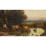 After Birket Foster, oil on canvas, Cattle crossing a stream, 35 x 61cm