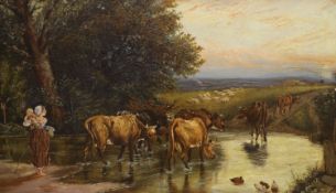 After Birket Foster, oil on canvas, Cattle crossing a stream, 35 x 61cm