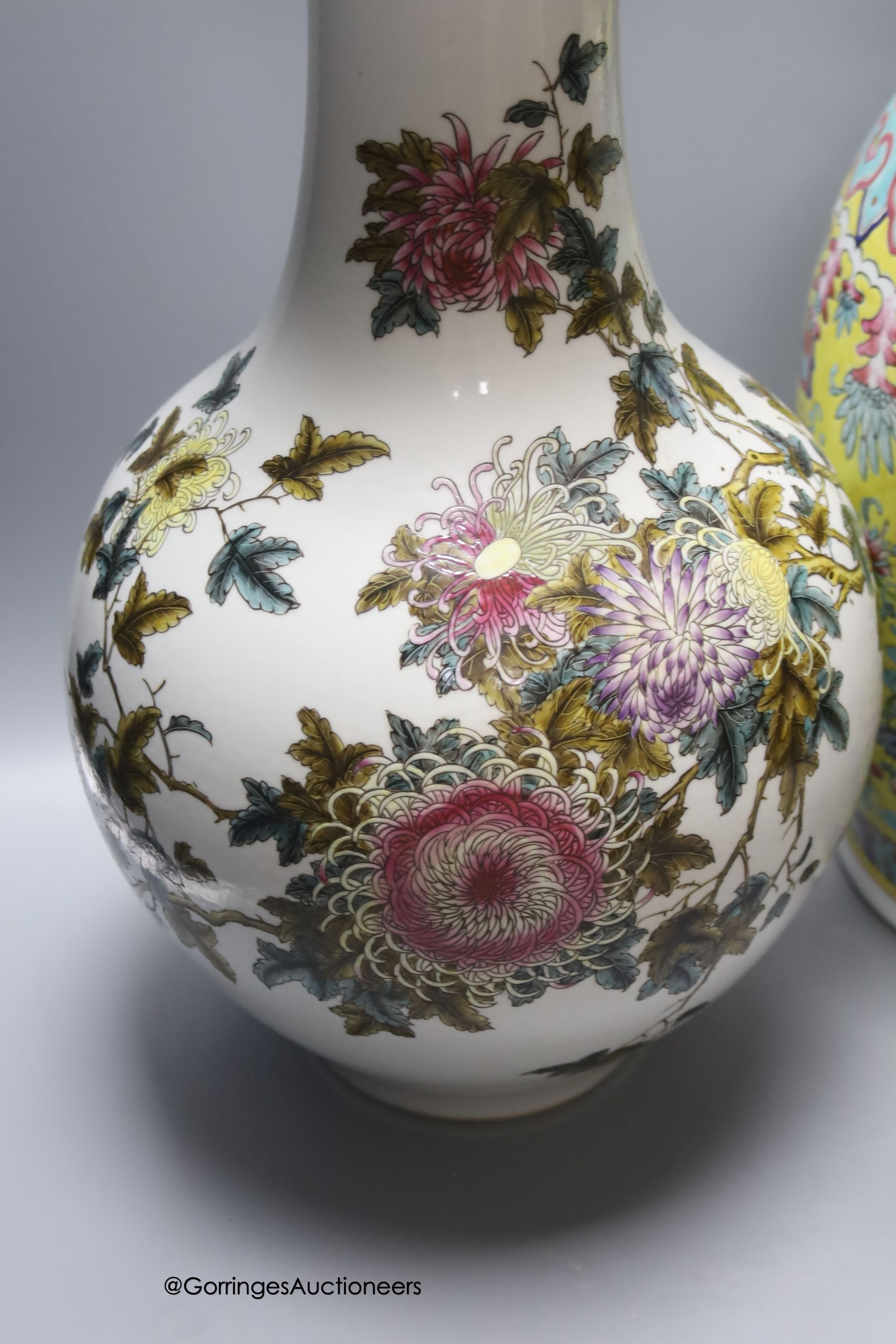 A Chinese yellow ground vase and another painted with chrysanthemums, tallest 46cm - Image 2 of 7