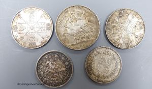 Victoria silver coins - crown 1889, good VF, two double florins, 1887, AEF and 1889, good VF, and