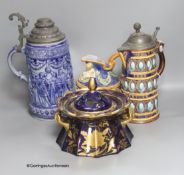 A Wedgwood pewter lidded majolica jug, a Majolica style jug, a stein and a 19th century Masons pot