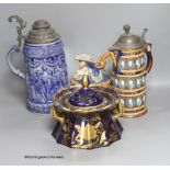 A Wedgwood pewter lidded majolica jug, a Majolica style jug, a stein and a 19th century Masons pot