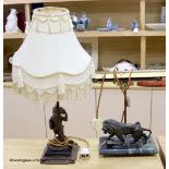 A spelter figural table lamp base and another lion student lamp, height 25cm (at base)