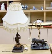 A spelter figural table lamp base and another lion student lamp, height 25cm (at base)
