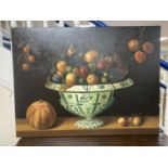 A modern oil on canvas, 17th century style still life of fruit in a bowl, 92 x 122cm, unframed