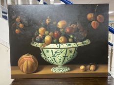 A modern oil on canvas, 17th century style still life of fruit in a bowl, 92 x 122cm, unframed