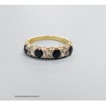 An 18ct gold sapphire and diamond seven stone ring, size N, 4g.