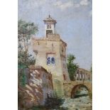 Italian School (19th century), oil on panel, Tower and aquaduct, 20 x 14cm20.5 x 14cm