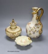 A Royal Worcester pot pourri vase and cover, a shell dish and a blush and gilt lizard handled vase,