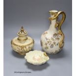 A Royal Worcester pot pourri vase and cover, a shell dish and a blush and gilt lizard handled vase,