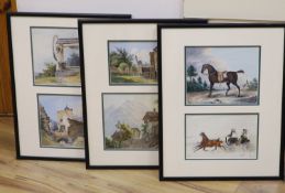 19th century German School, six watercolours, Studies of a horse and cart, a saddled horse and