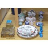 A group of Chinese porcelain figures, dishes, vases, etc. and a brass box