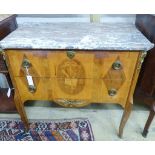 A French Louis XVI style marquetry inlaid marble topped commode, width 84cm, depth 47cm, height