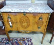 A French Louis XVI style marquetry inlaid marble topped commode, width 84cm, depth 47cm, height