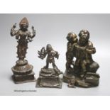 A bronze group of two children and two Indian bronze figures, tallest 20cm