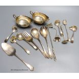 A pair of oval silver sauce boats, a pair of Scottish George III silver sauce ladles, another pair