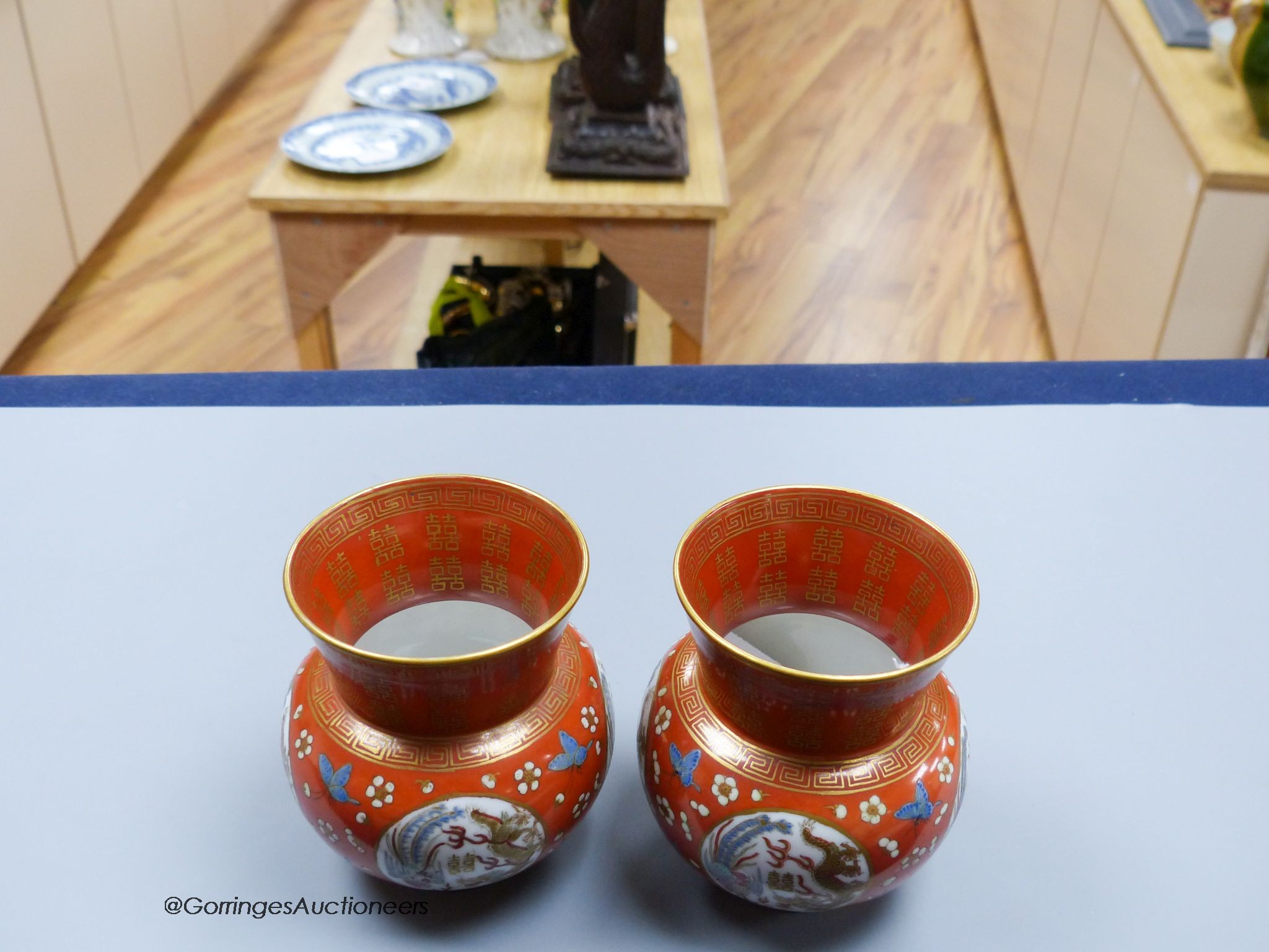 A pair Chinese coral ground 'dragon' vases, Republic period height 11cm - Image 3 of 5