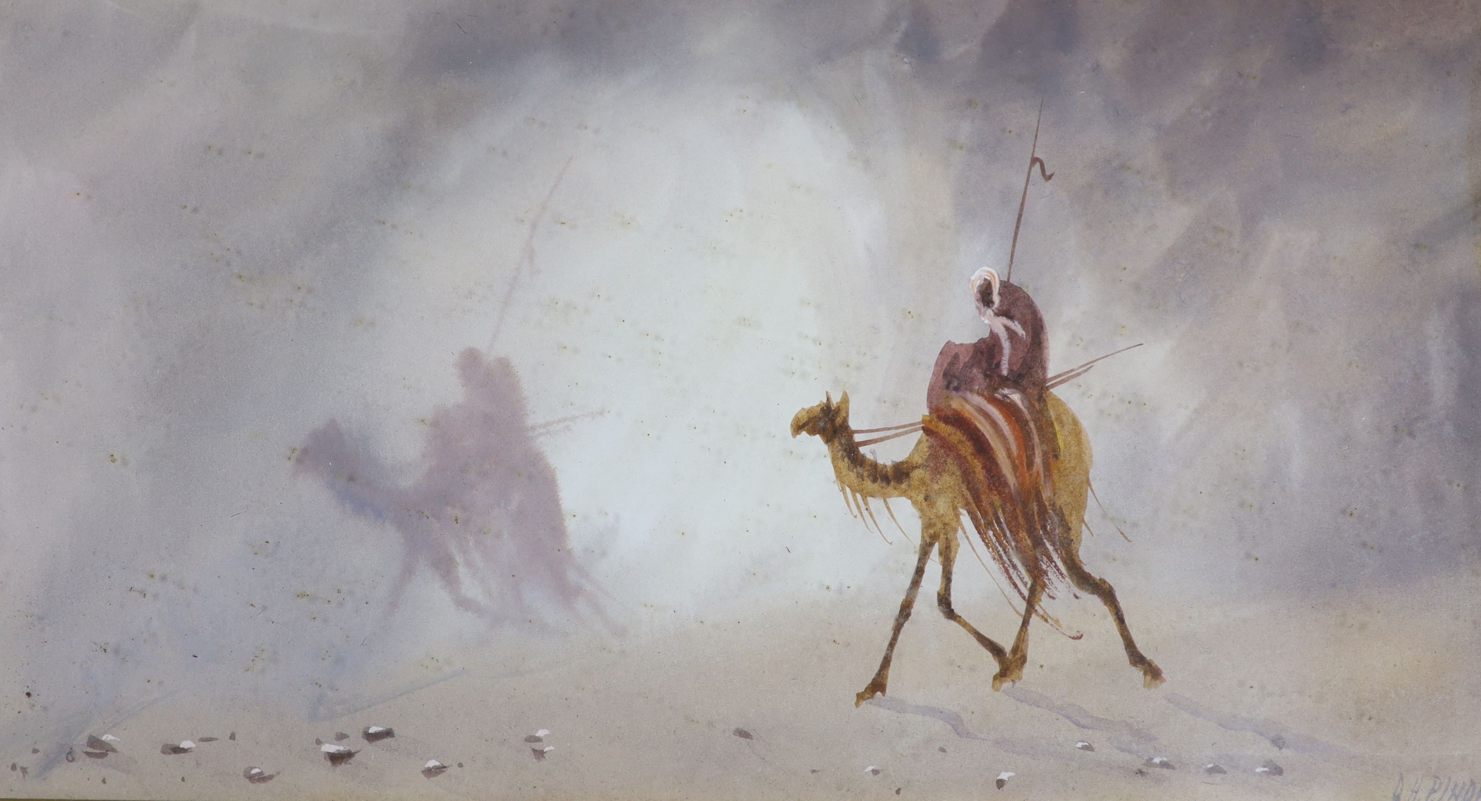 Douglas Houzen Pinder (1886-1949) watercolour, Camel riders in the desert, signed, 14 x 27cm