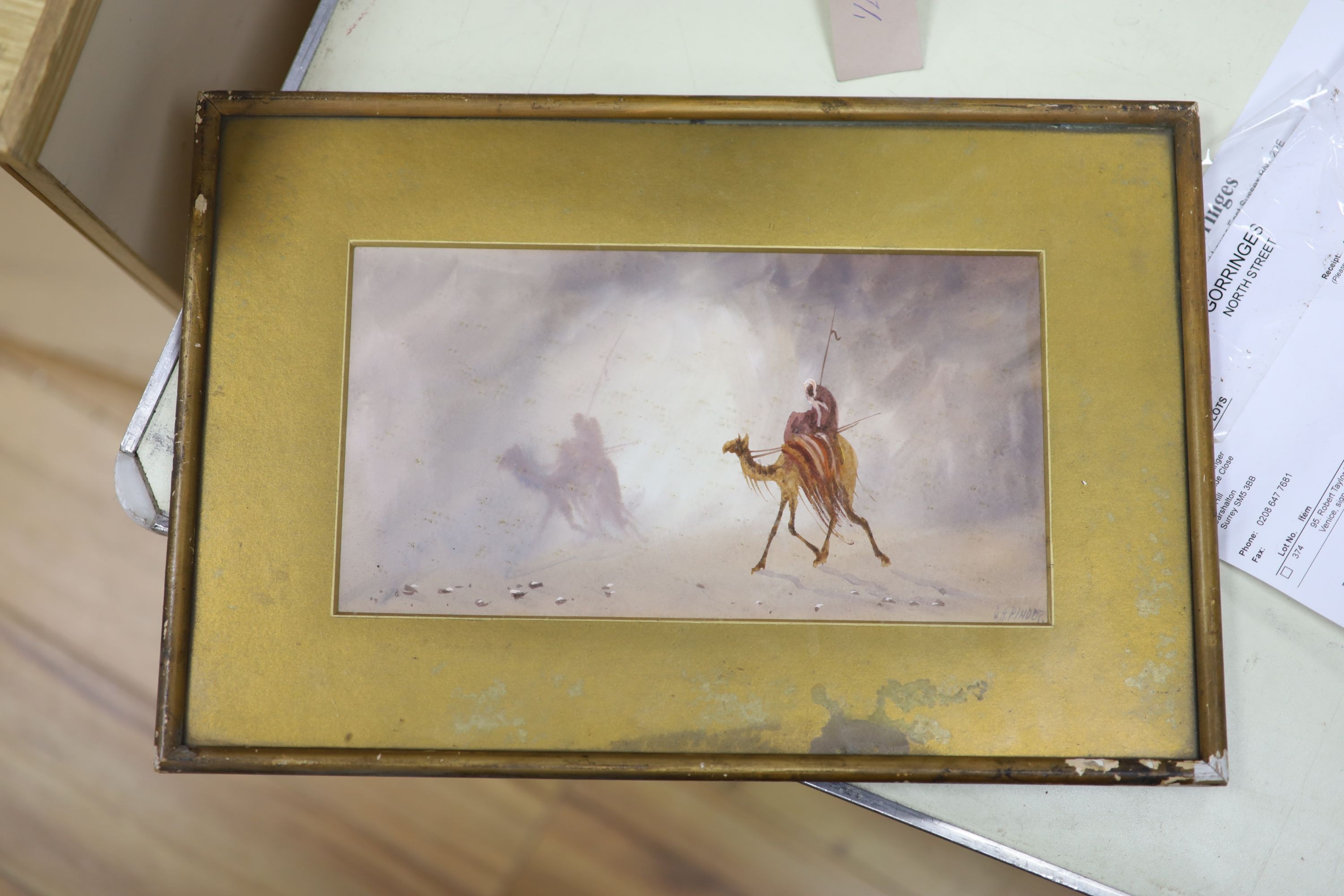 Douglas Houzen Pinder (1886-1949) watercolour, Camel riders in the desert, signed, 14 x 27cm - Image 2 of 2