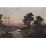 Jack M. Ducker (fl.1890-1930), oil on canvas, Flock of sheep at sunset, 41 x 61cm, unframed