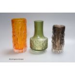 Geoffrey Baxter for Whitefriars, three textured glass 'bark' vases,comprising a cylindrical