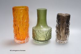 Geoffrey Baxter for Whitefriars, three textured glass 'bark' vases,comprising a cylindrical