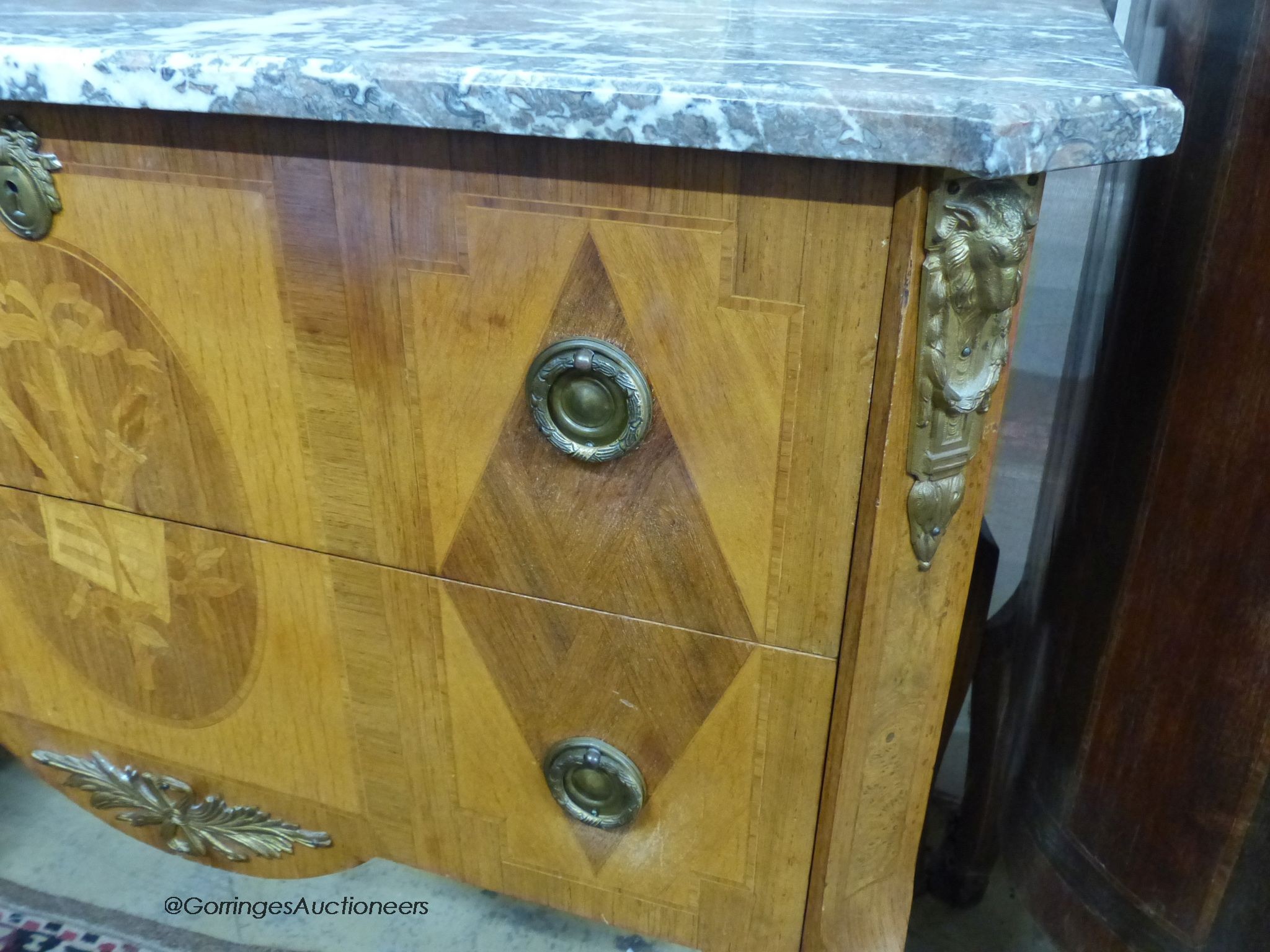 A French Louis XVI style marquetry inlaid marble topped commode, width 84cm, depth 47cm, height - Image 3 of 3