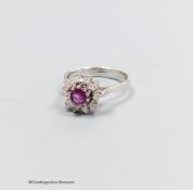 A 14k white gold pink sapphire and diamond cluster ring, size L, gross 3g150-200