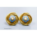 A pair of Victorian earrings, test as 15ct, set with pearls and turquoise enamel, base metal